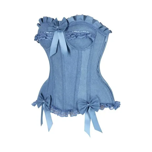 Top Drawer Blue Denim Underwire Steel Boned Burlesque Corset w/Bows